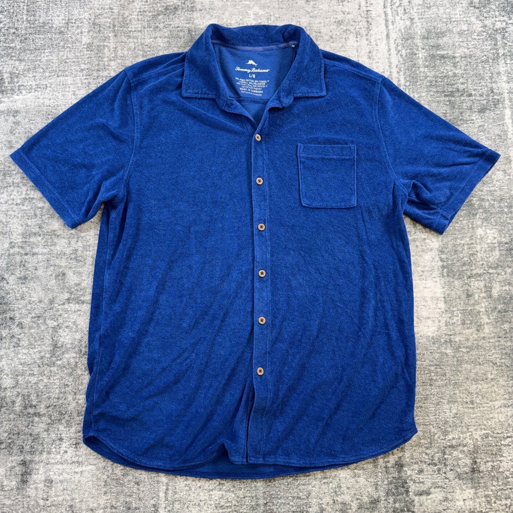 Tommy Bahama Poolside Camp Shirt Mens Large Blue Terry Cloth Stretch Towel Retro